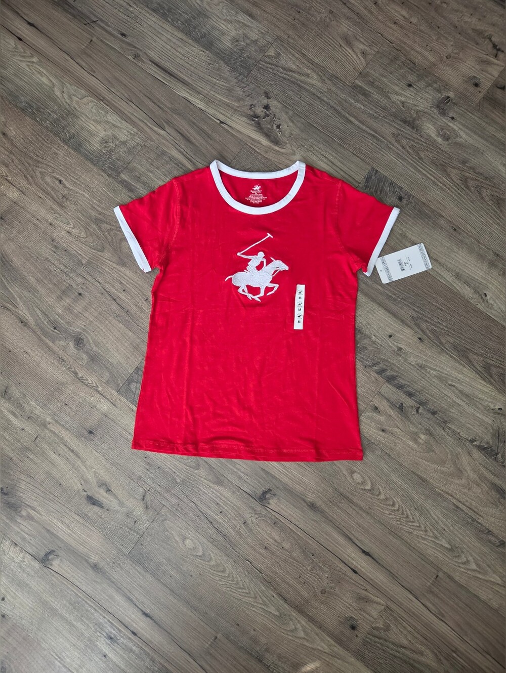Polo Style Women's Red Ringer T-Shirt with White Logo